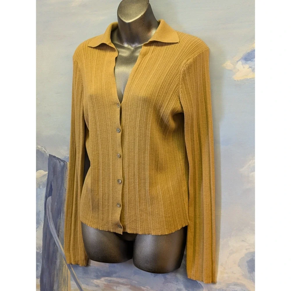 Vince Womens Large Pale Walnut Ribbed Polo Collar Cardigan Size L